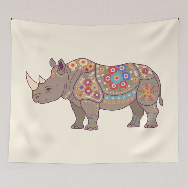 Item preview, Javan Rhino Silhouette with Floral Motifs – Scandinavian Folk Art by heidiannemorris © designed and sold by FOLK ART FUSION by heidiannemorris.