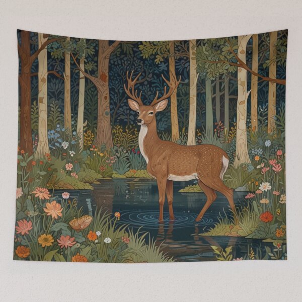 Item preview, Elegant vintage style woodland deer art forest floral greenery streams designed and sold by hollycooper.