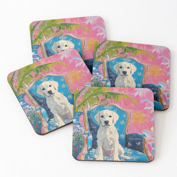 Item preview, Grandmillennial art, Labrador puppy on a blue chair in pink chinoiserie room designed and sold by SophieClimaArt.