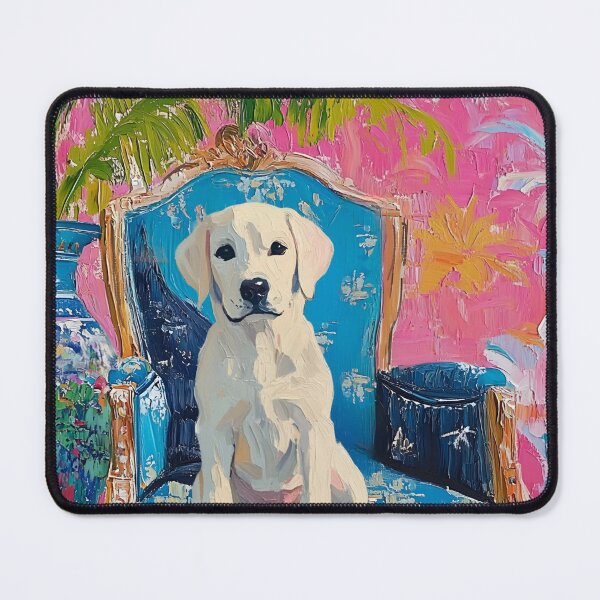 Item preview, Grandmillennial art, Labrador puppy on a blue chair in pink chinoiserie room designed and sold by SophieClimaArt.
