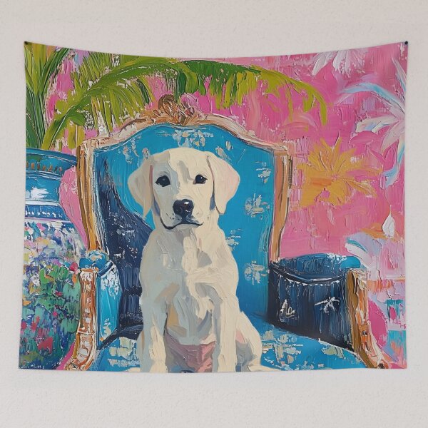 Item preview, Grandmillennial art, Labrador puppy on a blue chair in pink chinoiserie room designed and sold by SophieClimaArt.
