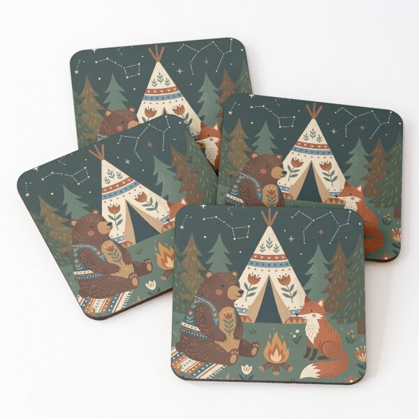 Item preview, Starlit Campfire Friends - Folk Art Bear and Fox Forest Nursery Decor designed and sold by HappySproutArt.