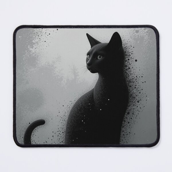 Item preview, A sleek black cat sits gracefully amid grayscale ink splatters, creating a moody, mysterious atmosphere. This artistic composition blends minimal color with bold texture designed and sold by Dejbar.