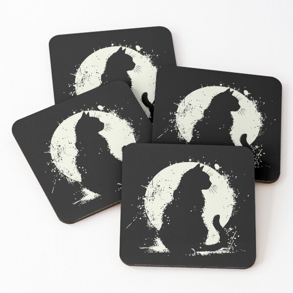 Item preview, A stark black cat silhouette sits inside a white, splattered circle, creating a moody night scene with painterly textures. The composition conveys mystery designed and sold by Dejbar.
