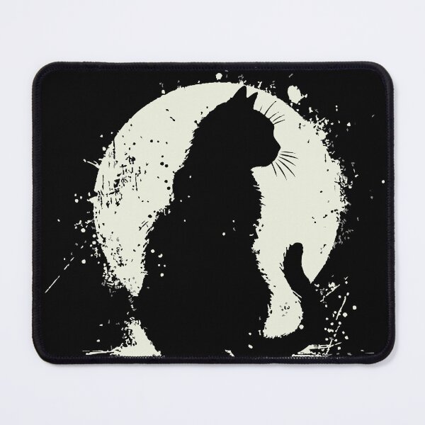 Item preview, A stark black cat silhouette sits inside a white, splattered circle, creating a moody night scene with painterly textures. The composition conveys mystery designed and sold by Dejbar.