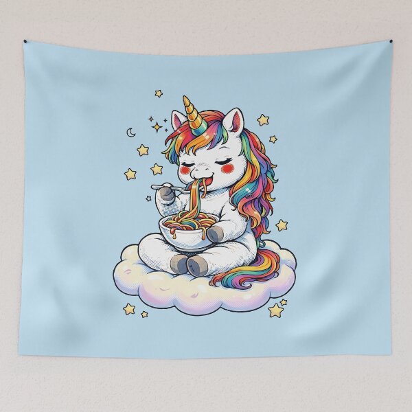 Item preview, Chibi Unicorn Eating Rainbow Spaghetti Pasta Graphic designed and sold by Collagedream.