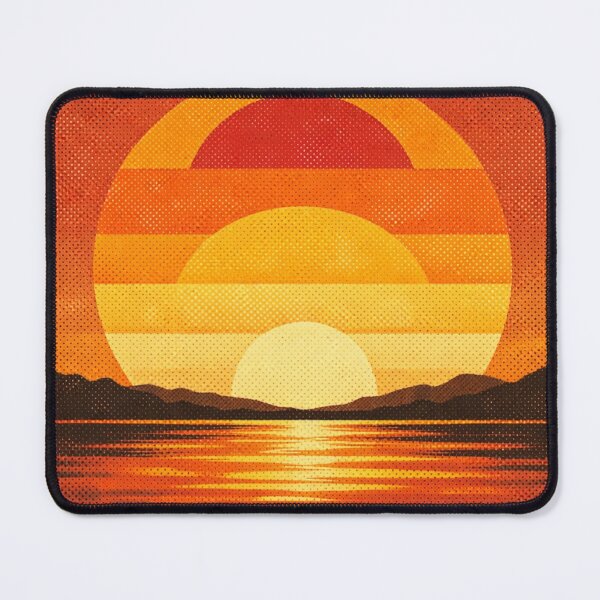 Item preview, A warm retro sunset over a calm coastline, featuring bold orange and yellow stripes across the sun, reflecting on water, with dark silhouetted hills and foreground designed and sold by Dejbar.