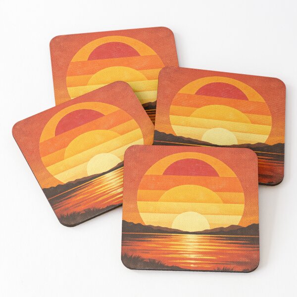 Item preview, A warm retro sunset over a calm coastline, featuring bold orange and yellow stripes across the sun, reflecting on water, with dark silhouetted hills and foreground designed and sold by Dejbar.