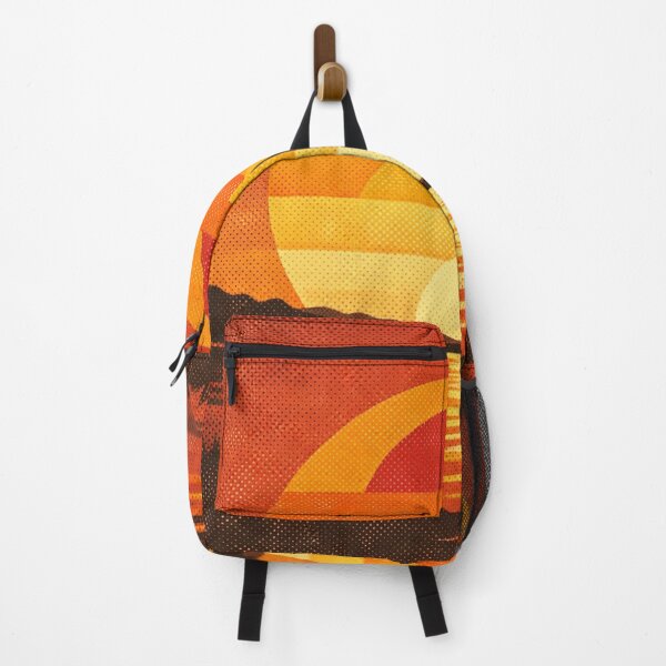 Item preview, A warm retro sunset over a calm coastline, featuring bold orange and yellow stripes across the sun, reflecting on water, with dark silhouetted hills and foreground designed and sold by Dejbar.