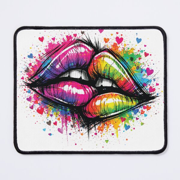 Item preview, Graffiti style lips in a rainbow of colors burst , surrounded by splatter and small hearts. A dynamic, energetic image conveying love, passion, creativity designed and sold by Dejbar.