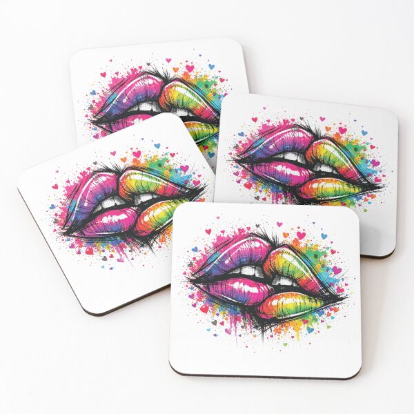 Item preview, Graffiti style lips in a rainbow of colors burst , surrounded by splatter and small hearts. A dynamic, energetic image conveying love, passion, creativity designed and sold by Dejbar.