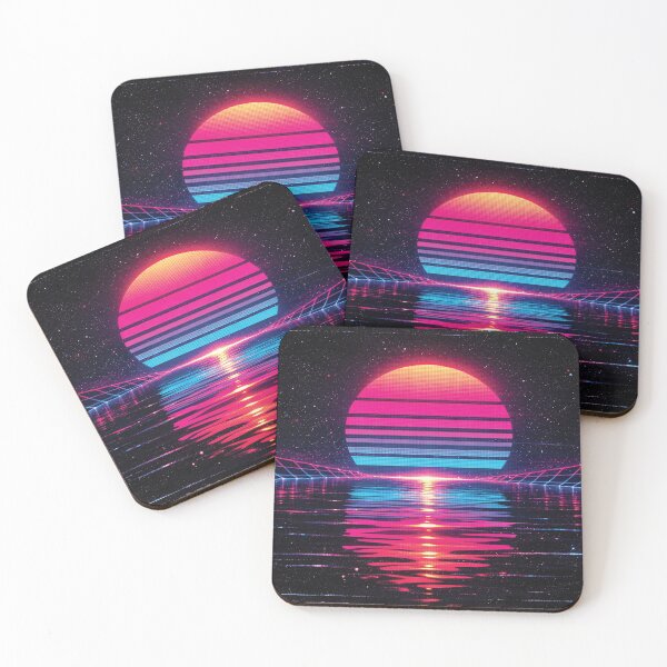 Item preview, Neon blue and pink retro sunset with halftone grid lines reflecting on calm water designed and sold by Dejbar.