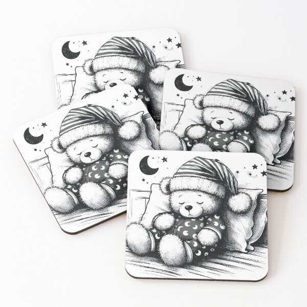 Item preview, A cute teddy bear in a fluffy nightcap and pajamas rests on a bed with pillows, surrounded by stars and a crescent moon, creating a warm designed and sold by Dejbar.