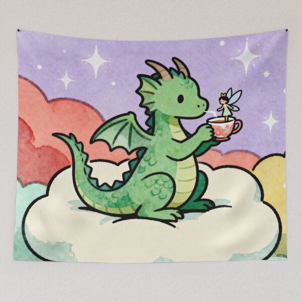 Item preview, Magical Tea Party - Cute Green Dragon and Fairy on a Cloud Nursery Art designed and sold by HappySproutArt.