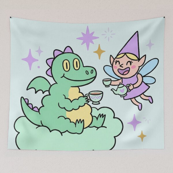 Item preview, Giggling Tea Guests - Cute Dragon and Fairy Friends Vector Art designed and sold by HappySproutArt.
