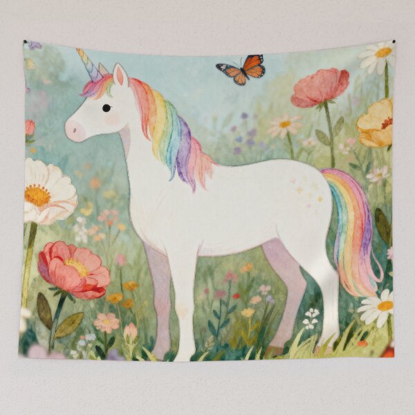 Item preview, Rainbow Unicorn in Flower Garden - Magical Watercolor Nursery Art designed and sold by HappySproutArt.