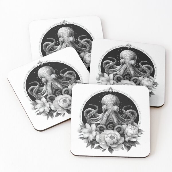 Item preview, Octopus and Peonies Black and White Tattoo Design designed and sold by CreativeLarysa.