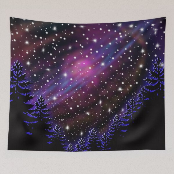 Item preview, Retro rustic Starry night sky purple blue night sky northern lights pine forest celestial galaxy  designed and sold by hollycooper.
