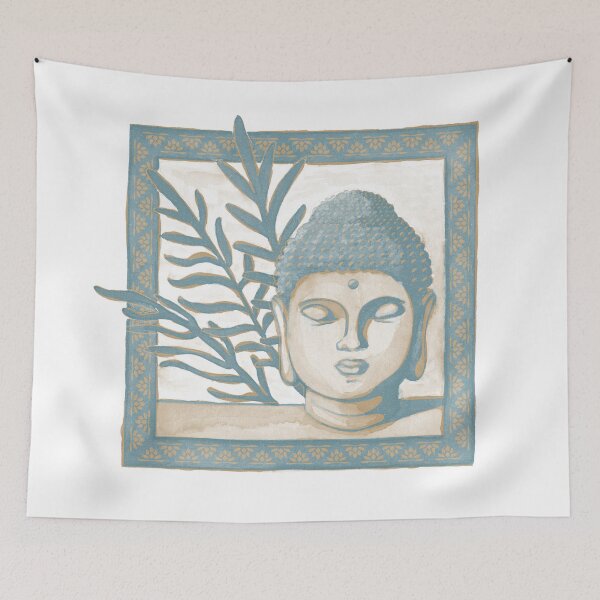 Item preview, Buddha Head Statue with Palm Fronds Watercolor - Peacock + Fawn designed and sold by Irene Estelle.