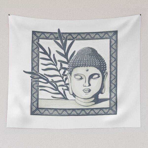 Item preview, Buddha Head Statue with Palm Fronds Watercolor - Dusk + Tea designed and sold by Irene Estelle.