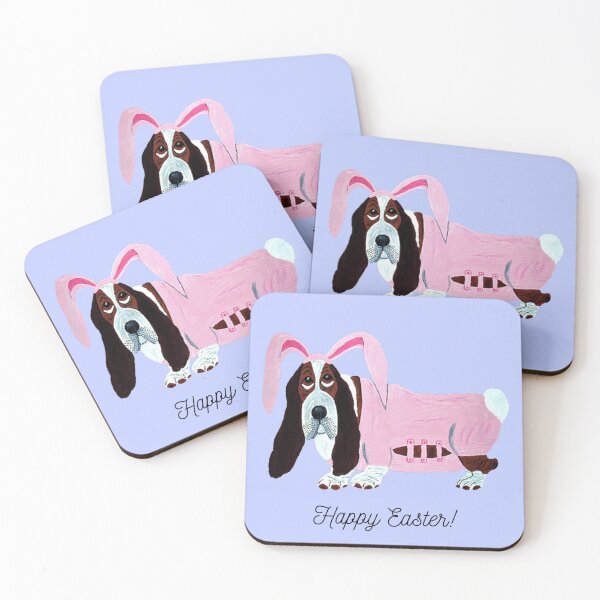 Item preview, Happy Easter Basset Hound in pink bunny suit designed and sold by Squirreldumplings.