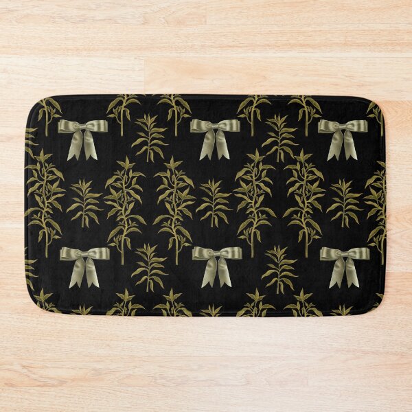 Item preview, Botanical seamless print of green leaves and herbs, green bows on a black background designed and sold by Grin Katalina Floral Patterns & Cozy Art.