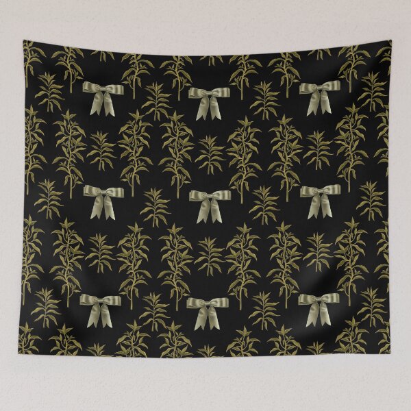 Item preview, Botanical seamless print of green leaves and herbs, green bows on a black background designed and sold by Grin Katalina Floral Patterns & Cozy Art.