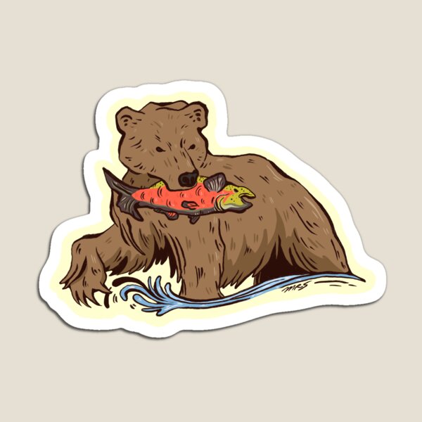 Aperçu de l'œuvre Un ours tenant un saumon dans sa gueule pendant la remontée des saumons créée et vendue par Madeleine Sharp.