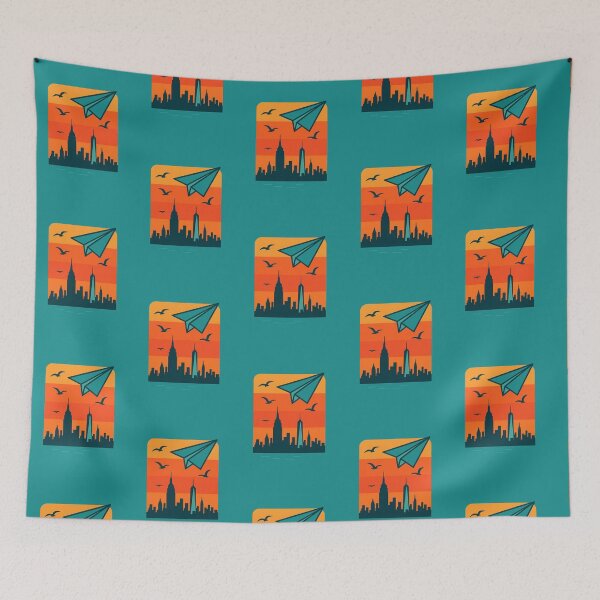 Item preview, New York City Skyline with paper airplane and seagulls  designed and sold by Moonshroomarts.