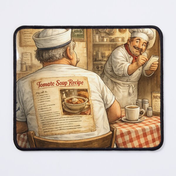 Item preview, Funny Vintage Tomato Soup Recipe T Shirt and Kitchen Wall Art, Cartoon Café Chef Steals the Recipe, Cozy Retro Kitchen Decor Gift designed and sold by TerScott.