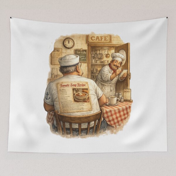 Item preview, Funny Vintage Tomato Soup Recipe T Shirt and Kitchen Wall Art, Cartoon Café Chef Steals the Recipe, Cozy Retro Kitchen Decor Gift designed and sold by TerScott.