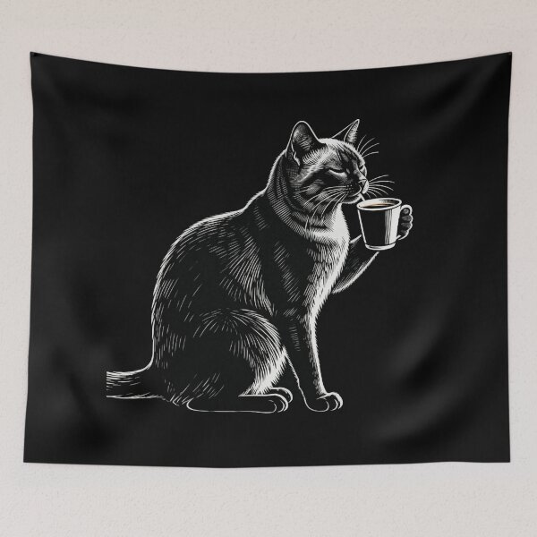 Item preview, Siamese Cat Drinking Coffee Engraving – Vintage Cat Illustration designed and sold by CatVibesStudio.
