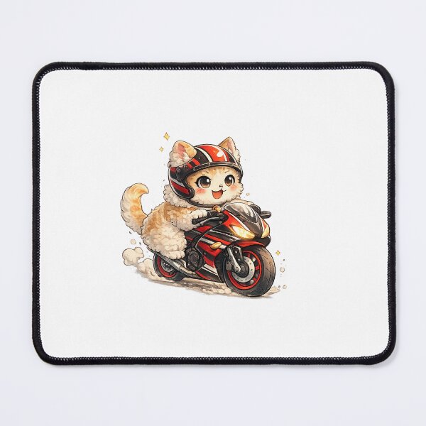 Item preview, Racing Stripes Motorcycle Kawaii Art – Selkirk Rex Cat Riding Motorbike Cartoon, Cute Biker Cat Illustration with Red and Black Racing Stripes designed and sold by Paws-nd-Prints.