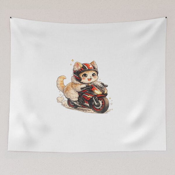 Item preview, Racing Stripes Motorcycle Kawaii Art – Selkirk Rex Cat Riding Motorbike Cartoon, Cute Biker Cat Illustration with Red and Black Racing Stripes designed and sold by Paws-nd-Prints.