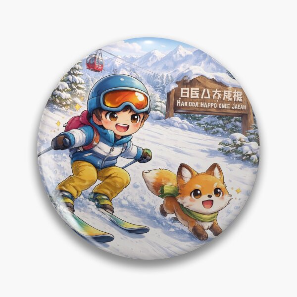 Item preview, Hakuba Happo One Kawaii Art – Cute Japanese Red Fox Running with Skier, Funny Ski Resort Illustration, Japan Winter Mountain Cartoon designed and sold by Paws-nd-Prints.