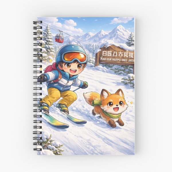 Item preview, Hakuba Happo One Kawaii Art – Cute Japanese Red Fox Running with Skier, Funny Ski Resort Illustration, Japan Winter Mountain Cartoon designed and sold by Paws-nd-Prints.