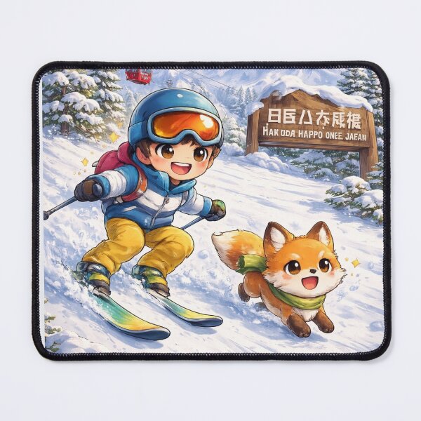 Item preview, Hakuba Happo One Kawaii Art – Cute Japanese Red Fox Running with Skier, Funny Ski Resort Illustration, Japan Winter Mountain Cartoon designed and sold by Paws-nd-Prints.