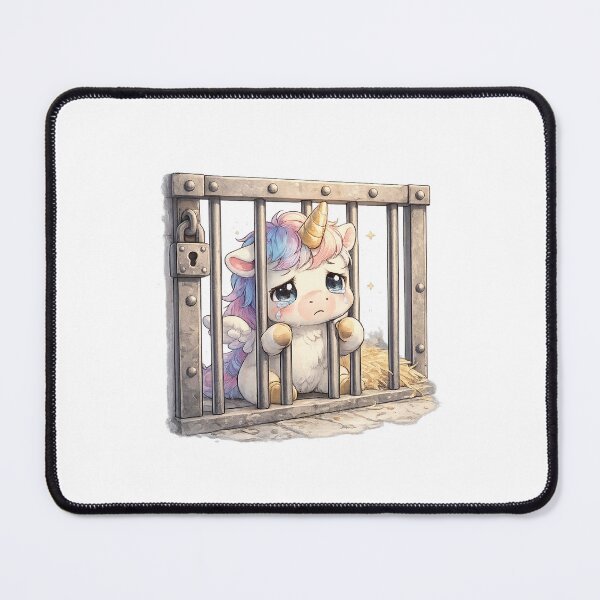 Item preview, Unicorn in Captivity Kawaii Art – Sad Cute Unicorn Behind Prison Bars, Funny Emotional Cartoon Illustration, Whimsical Fantasy Design designed and sold by Paws-nd-Prints.