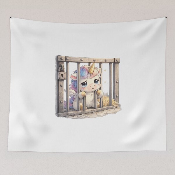 Item preview, Unicorn in Captivity Kawaii Art – Sad Cute Unicorn Behind Prison Bars, Funny Emotional Cartoon Illustration, Whimsical Fantasy Design designed and sold by Paws-nd-Prints.