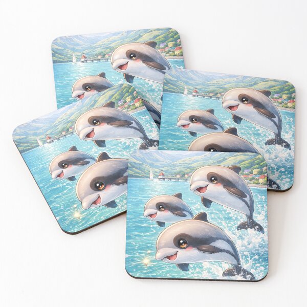 Item preview, Akaroa Dolphins Kawaii Art – Cute Dolphin Pod Jumping in Akaroa New Zealand, Funny Ocean Animal Cartoon Illustration designed and sold by Paws-nd-Prints.