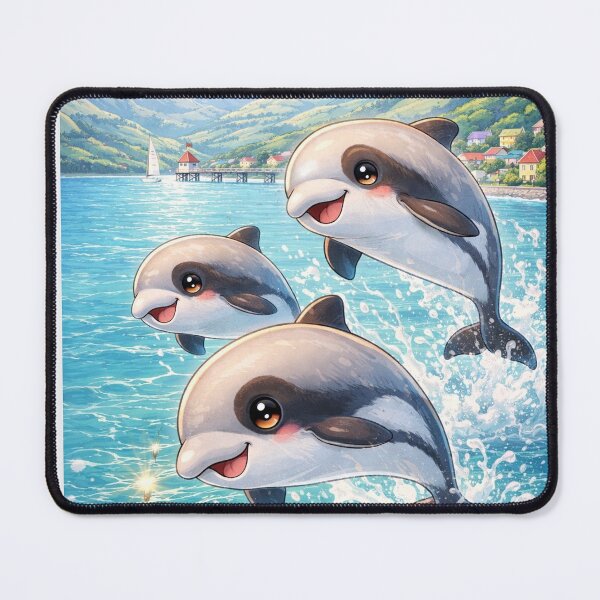Item preview, Akaroa Dolphins Kawaii Art – Cute Dolphin Pod Jumping in Akaroa New Zealand, Funny Ocean Animal Cartoon Illustration designed and sold by Paws-nd-Prints.