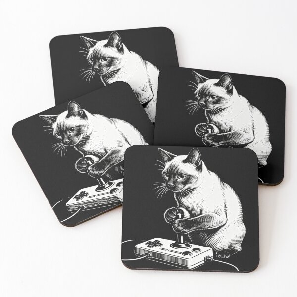 Item preview, Siamese Cat Playing with Vintage Joystick – Engraving Illustration designed and sold by CatVibesStudio.
