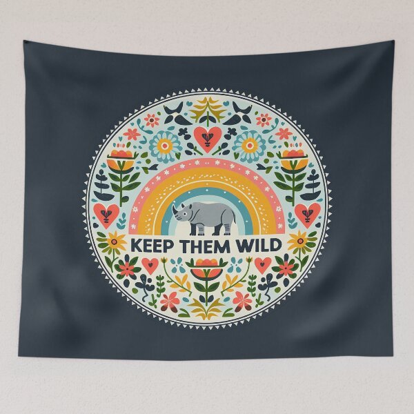 Item preview, Keep Them Wild – Rhino Conservation Badge in Folk Art Style by heidiannemorris © designed and sold by FOLK ART FUSION by heidiannemorris.