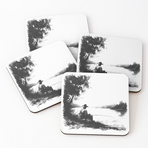 Item preview, Peaceful Day Fishing - Rustic Black and White River Art designed and sold by inkoutninja.