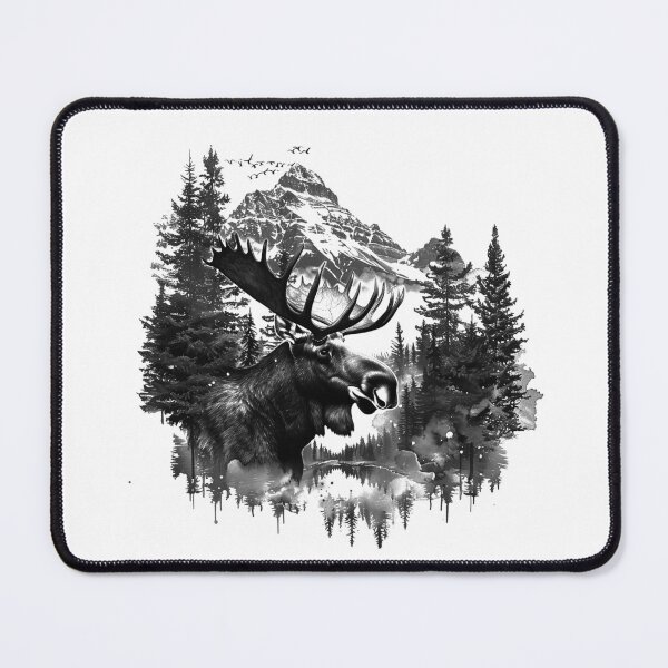 Item preview, Majestic Moose in Mountain Forest - Black and White Wilderness Art designed and sold by inkoutninja.