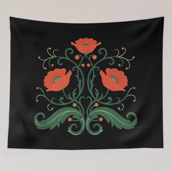 Item preview, Art Nouveau Style Poppy Flowers Red Green Floral Folkart designed and sold by Itaya Art.