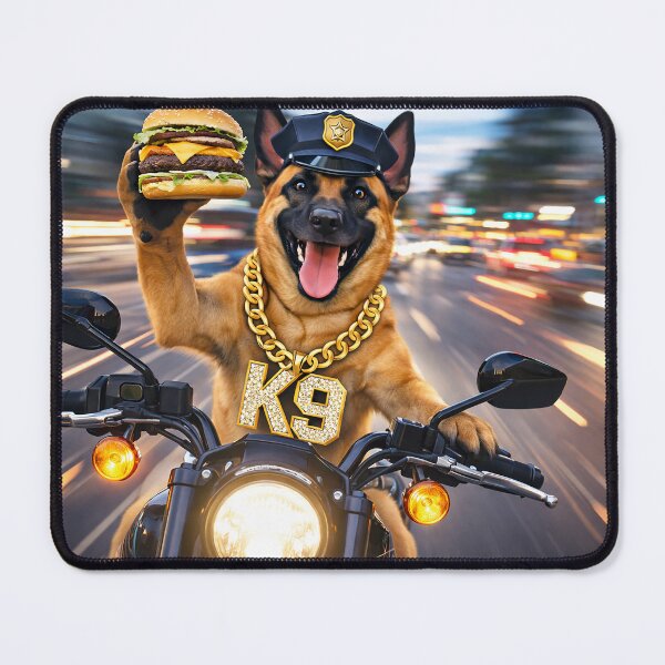 Item preview, K9 in pursuit with cheeseburger designed and sold by Sunny Creations.