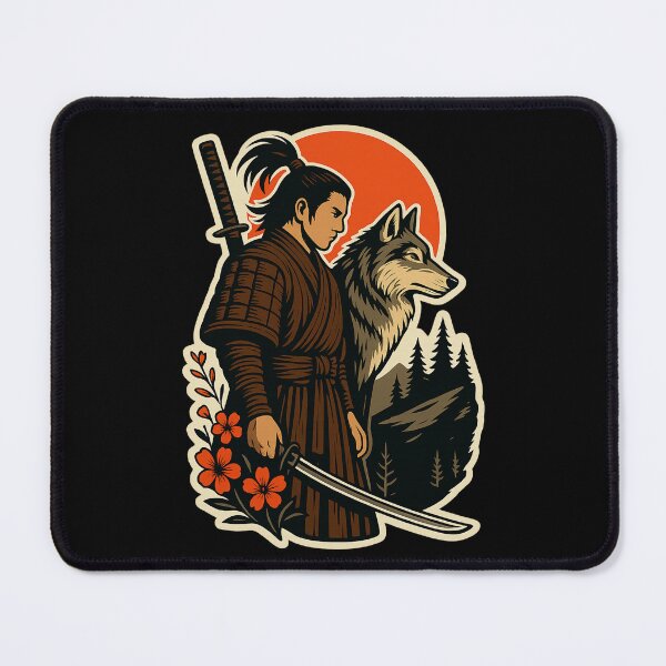 Item preview, Samurai & Wolf Illustration - Japanese Red Sun Ukiyo-e Style  Samurai Wolf Art, Japanese Warrior, Mythic Animal designed and sold by AnTartstudios.