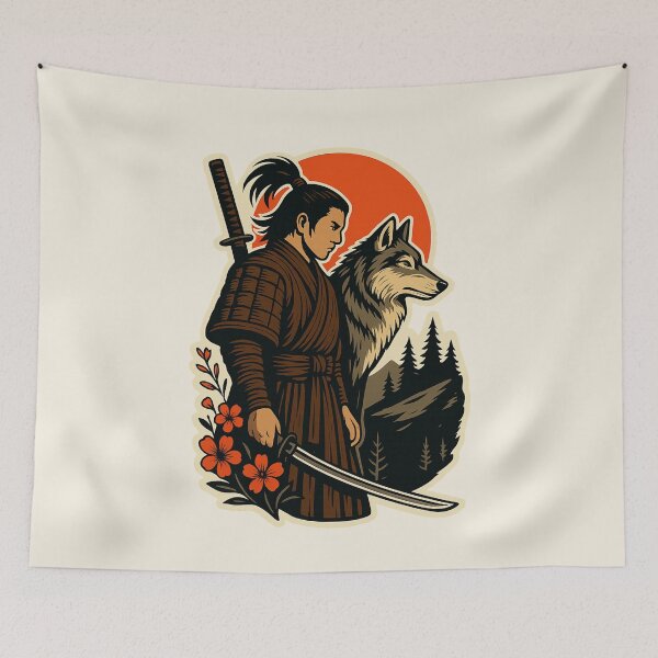 Item preview, Samurai & Wolf Illustration - Japanese Red Sun Ukiyo-e Style  Samurai Wolf Art, Japanese Warrior, Mythic Animal designed and sold by AnTartstudios.