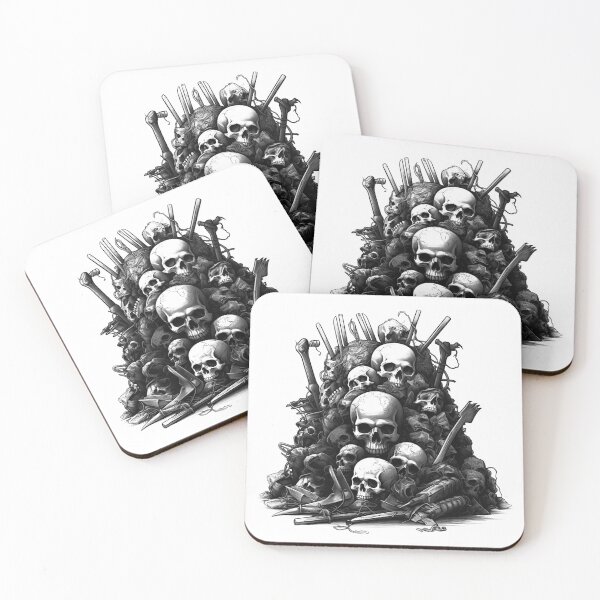 Item preview, Skull Pile with Weapons – Dark Gothic Horror Illustration in Black and White designed and sold by inkoutninja.